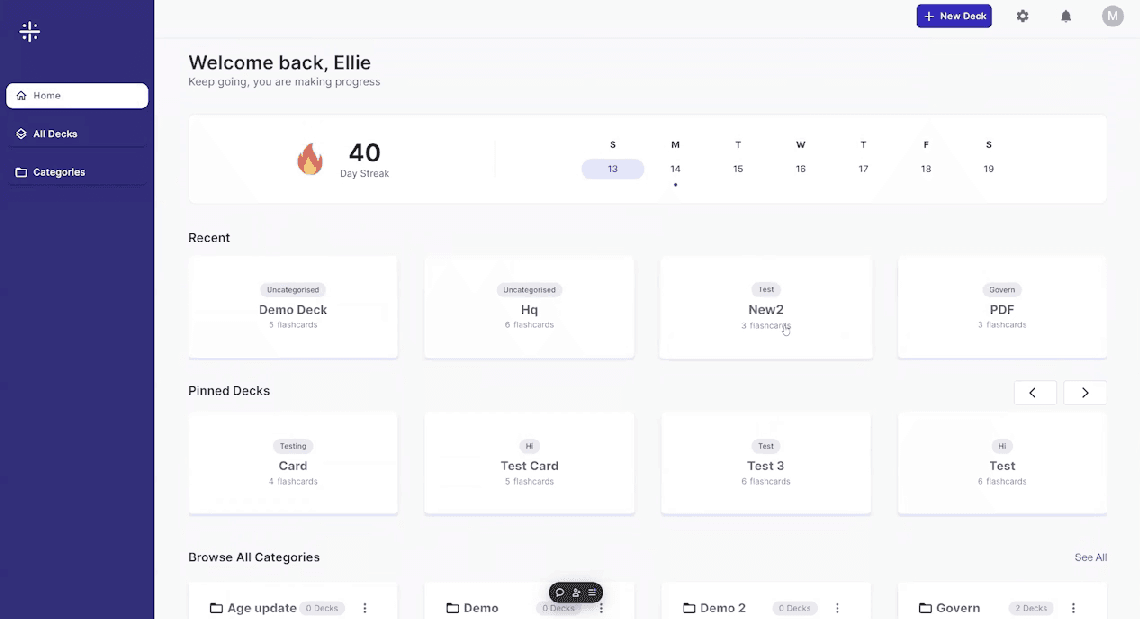 Flashcards dashboard